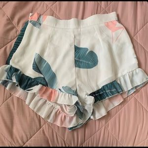 White Ruffle Shorts Palm Leaf Print